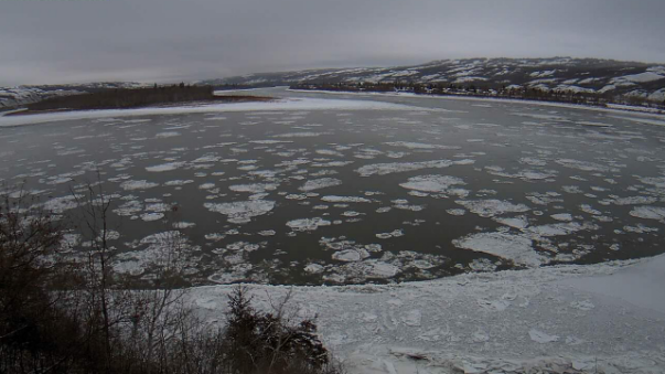 Remote viewer image monitoring water and ice flows of a river in winter