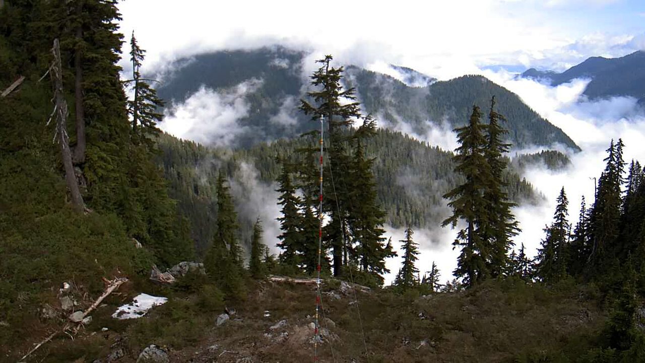Clouds settling in mountain valley in spring