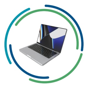 Laptop placed inside blue and green circle logo - clear background