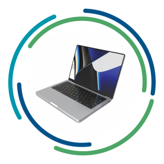 Laptop placed inside blue and green circle logo - clear background